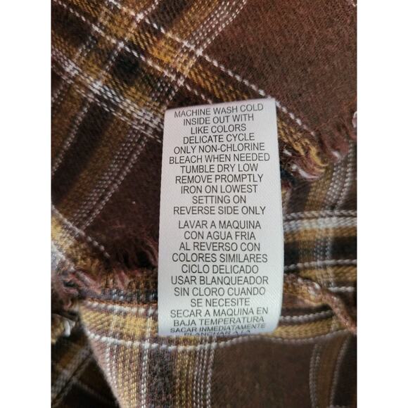 Democracy Women’s Plaid Flannel Shacket Brown L Relaxed Fit Raw Hem Preppy Cozy - Picture 12 of 12